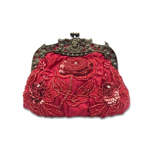 CORIOS Vintage 1920s Abendtasche Damen Floral Clutch Tasche Handgemachte Perle Handtasche Klein Tasche Elegante Schultertasche Kette Umhängetasche für Hochzeit Bankett-Party Abschlussball Rot von CORIOS