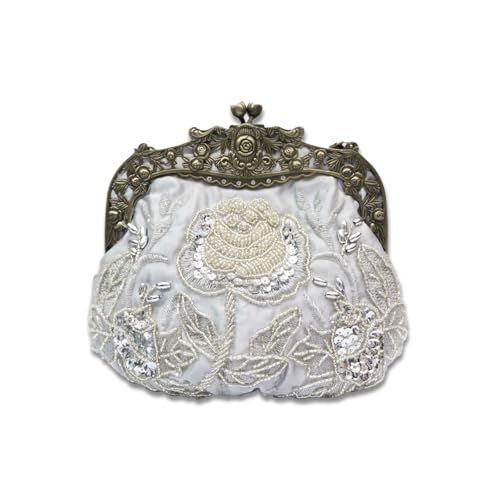 CORIOS Vintage 1920s Abendtasche Damen Floral Clutch Tasche Handgemachte Perle Handtasche Klein Tasche Elegante Schultertasche Kette Umhängetasche für Hochzeit Bankett-Party Abschlussball Silber CORIOS Vintage 1920s Abendtasche Damen Floral Clutch Tasche Handgemachte Perle Handtasche Klein Tasche Elegante Schultertasche Kette Umhängetasche für Hochzeit Bankett-Party Abschlussball Silber von CORIOS