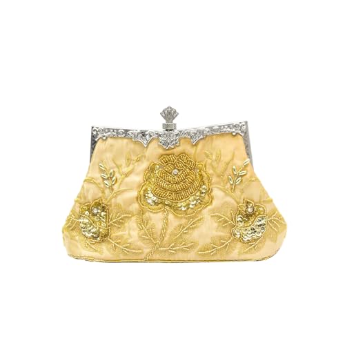 CORIOS Vintage 1920s Abendtasche Floral Clutch Tasche Damen Handgemachte Perle Handtasche Elegante Schultertasche Kette Umhängetasche Klein Tasche Hochzeit Bankett-Party Abschlussball Tasche Gold von CORIOS