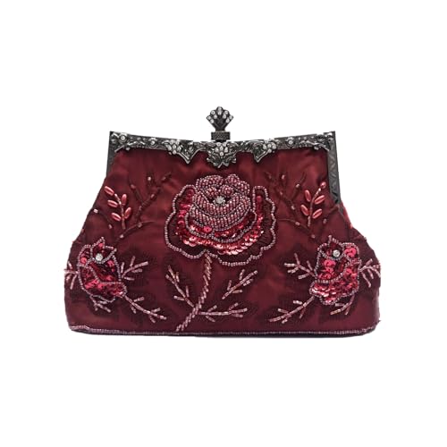 CORIOS Vintage 1920s Abendtasche Floral Clutch Tasche Damen Handgemachte Perle Handtasche Elegante Schultertasche Kette Umhängetasche Klein Tasche Hochzeit Bankett-Party Abschlussball Tasche Weinrot von CORIOS