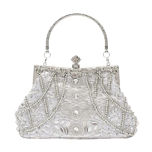 CORIOS Vintage 1920s Clutch Tasche Damen Handgemachte Perle Handtasche Abendtasche Elegante Schultertasche Kette Umhängetasche Klein Tasche Hochzeit Bankett-Party Abschlussball Tasche Silber von CORIOS