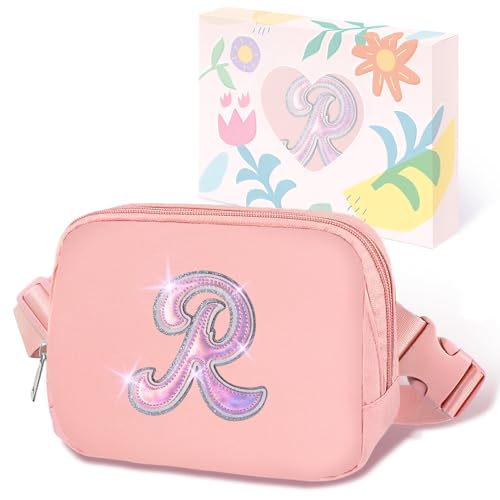 COSHAYSOO Gürteltasche mit Initialbuchstaben, Umhängetasche, trendige Brusttasche, Reisezubehör, Geburtstagsgeschenk, Weihnachtsgeschenke für Frauen, Teenager, Mädchen, Pink, Small, R von COSHAYSOO