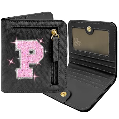 COSHAYSOO RFID-Geldbörse mit Initialen-Motiv, klein, faltbar, schmal, für Damen, Teenager, Mädchen, Reisen, Alltag, Kreditkarten, Geld, Bargeld, Münzen, Organizer, Schwarz, Compact, P von COSHAYSOO