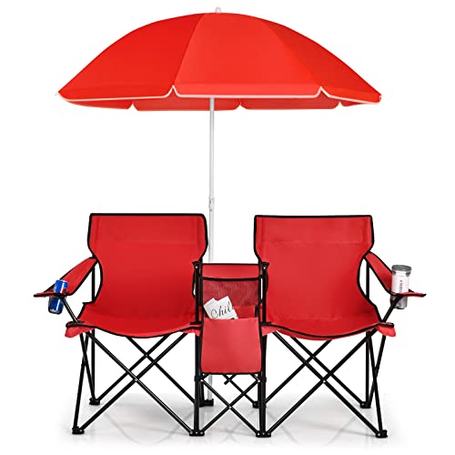 COSTWAY 2-Sitzer Campingstuhl mit Sonnenschirm, Kühltasche, Getränkehalter & Seitentasche, klappbarer Angelstuhl mit Tragetasche, Faltstuhl, Klappstuhl für Camping, Angeln, Picknick (Rot) von COSTWAY