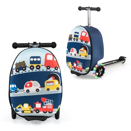 COSTWAY 2 in 1 Kinder Scooter & Kinderkoffer, mit LED Räder, 26L Kindertrolley mit Bremse, für Kinder ab 5 Jahre alt von COSTWAY