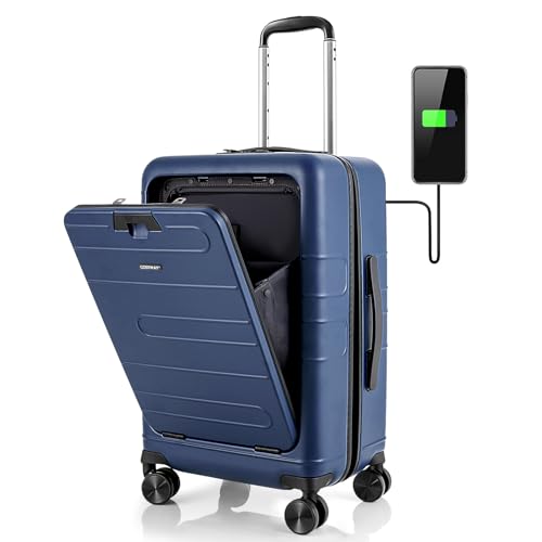 COSTWAY 20” Handgepäck mit Laptopfach, 38L Reisekoffer mit klappbarer Tischplatte & TSA-Schloss, PC-Hartschalenkoffer mit Spinnerrädern & USB-Anschluss für Geschäftsreisen (Blau) von COSTWAY