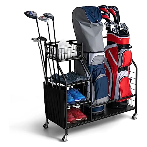 COSTWAY 4 in 1 Golf-Organizer, Golfschläger-Organizer mit Rollen, für 2 Golftaschen & Golf-Zubehör, Golftaschenregal mit Haken & Korb für Golfbälle & 3 Ablagen aus Metall, 95 x 40 x 94 cm COSTWAY 4 in 1 Golf-Organizer, Golfschläger-Organizer mit Rollen, für 2 Golftaschen & Golf-Zubehör, Golftaschenregal mit Haken & Korb für Golfbälle & 3 Ablagen aus Metall, 95 x 40 x 94 cm von COSTWAY