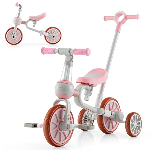 COSTWAY 4 in 1 Kinder Dreirad & Laufrad & Balance Bike & Schiebeauto mit verstellbarem Schiebegriff und abnehmbaren Pedalen,für Kinder im Alter von 2-4 Jahren (Rosa) von COSTWAY