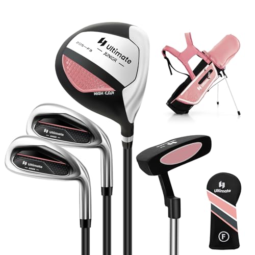 COSTWAY 4-teiliges Kinder Golfschläger Set, Rechtshand Golfschlägersätze mit Golftasche & Regenhaube, Komplettes Golf Set inkl. 7 Eisen, S Eisen, 3 Fairway & Putter für Kinder von 5-7 Jahren(Rosa) von COSTWAY