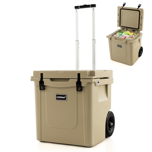 COSTWAY 43L Kühlbox mit Rädern und Alu Teleskopgriff, Handkarre Isolierbox mobil, Kühlwagen 100kg belastbar, Wärmebehälter Thermobox für Camping, Reisen, Strand von COSTWAY