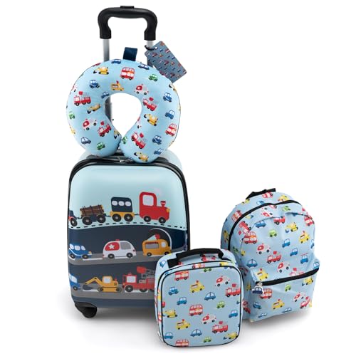 COSTWAY 5 teiliges Kinderkoffer + Rucksack, Kindertrolley mit Lunchbox, Gepäckanhänger & Nackenkissen, Kindergepäck mit Rollen, Handgepäck Reisekoffer Hartschalenkoffer für Jungen & Mädchen (Blau) von COSTWAY