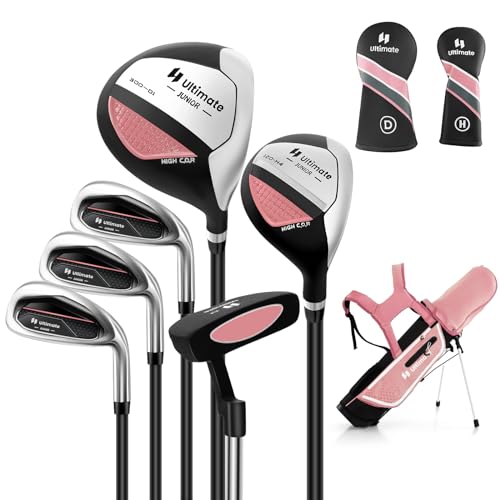 COSTWAY 6-teiliges Kinder Golfschläger Set, Rechtshand Golfschlägersätze mit Golftasche & Regenhaube, Komplettes Golf Set inkl. 7/9/S Eisen, 1 Driver, 4 Hybrid & Putter für 11-13 Jahren Kinder(Rosa) von COSTWAY