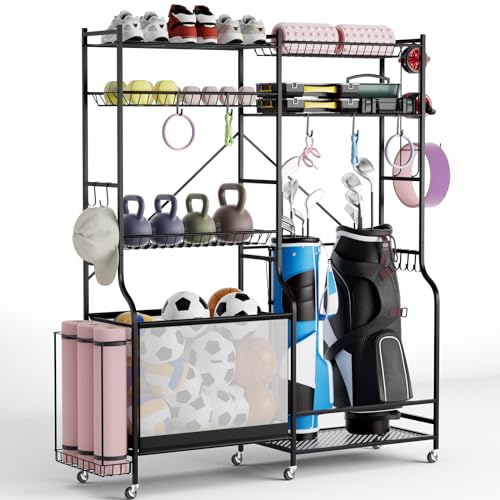 COSTWAY Garage Organizer Für Sportgeräte, Sportgeräte-Organizer mit Rädern, Basketball Aufbewahrungsregal aus Metall mit 5 verstellbaren Regalen, Ballkorb & seitlichen Haken für Golfbag Yogamatte von COSTWAY