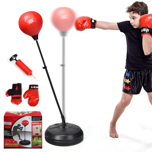 COSTWAY Punchingball 120-154cm höhenverstellbar, Standboxball freistehend, Boxsack Set, Box Set inkl. Boxhandschuhe und Handpumpe, für Erwachsene, Jungen und Mädchen ab 8 Jahren (Schwarz) von COSTWAY