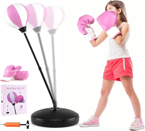 COSTWAY Punchingball 81-123,5cm höhenverstellbar, Kinder Boxset freistehend, Boxsack Set, Box Set inkl. Boxhandschuhe und Handpumpe, Standboxsack für Kinder und Jugend (Rosa) von COSTWAY