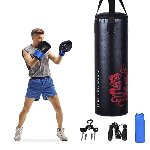 COSTWAY Schwerer Boxsack für Kinder, Punchingsack gefüllt & hängend mit Boxhandschuhen, Springseil, Tragetasche, Deckenhaken, hängendes Boxausrüstung für MMA, Kickboxen, Muay Thai, Taekwondo von COSTWAY