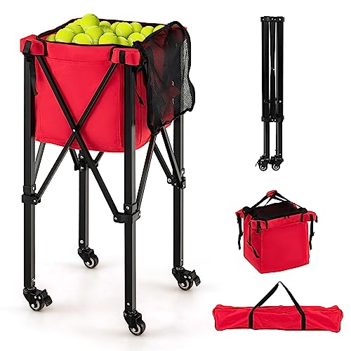 COSTWAY Tennisballwagen klappbar, Leichter Tennisballkorb mit Rädern, Seitentasche & Tragetasche, tragbarer Ballwagen aus Aluminium für 150 Tennisbälle bis 30 kg Belastbar (Rot) von COSTWAY