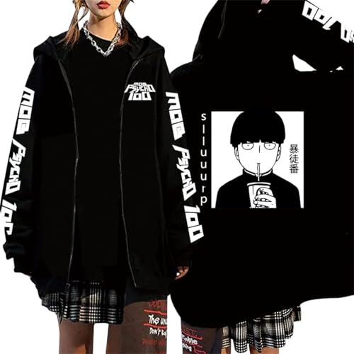 COSXHF Oversized Unisex Zip Hoodie Für Frauen/Männer Japan Anime Mob Psycho 100 Hoodies Männer Frauen Harajuku Unisex Pullover Kleidung Jungen Mädchen Frauen Frühling Sweatshirt-Black||XS von COSXHF