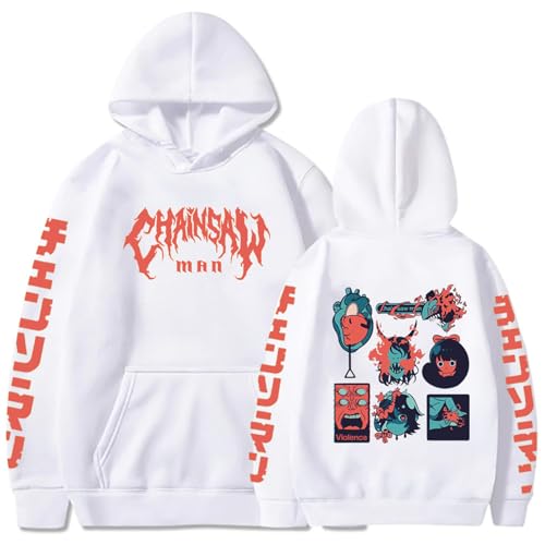 Chainsaw Man Herren Und Damen Hoodie Anime Printed Hoodie Streetwear Casual Sweatshirt Y2K Fashion Casual Pullover Long Sleeve Loose Top Street-White||S von COSXHF