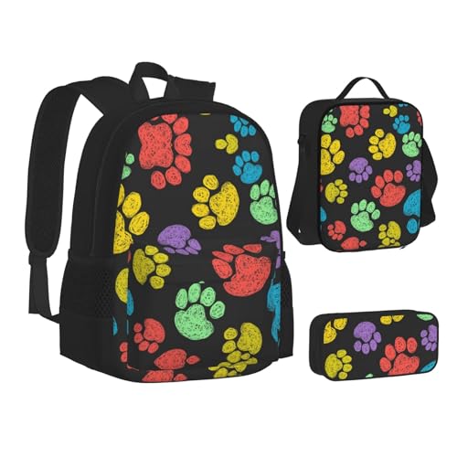 CPEOWZL Schultasche + Federmäppchen + Lunchtasche mit Hundepfotenabdruck für Kinder und Mädchen, Schwarz , Einheitsgröße von CPEOWZL