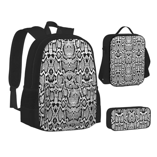 CPEOWZL Schultasche + Federmäppchen + Lunchtasche mit Schlangenhaut-Aufdruck, für Kinder, Mädchen, Schwarz / Weiß, Schwarz , Einheitsgröße von CPEOWZL