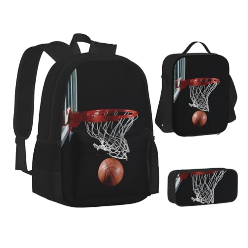 CPEOWZL Schultasche mit Basketball-Druck, Federmäppchen und Lunch-Tasche, Kombination, Kinder, Mädchen, Lunch-Tasche, Federmäppchen, Schwarz , Einheitsgröße von CPEOWZL