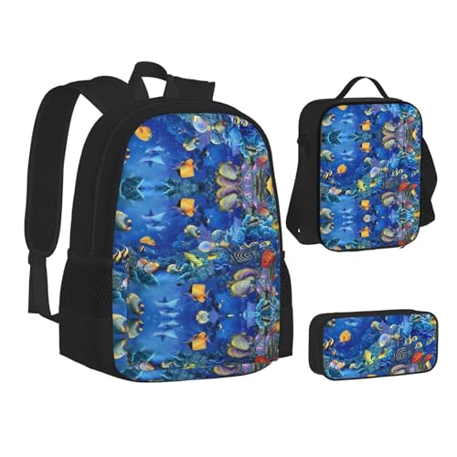 CPEOWZL Schultasche mit tropischen Fischen, Federmäppchen und Lunch-Tasche, für Kinder, Mädchen, Lunch-Tasche, Federmäppchen, Schwarz , Einheitsgröße von CPEOWZL