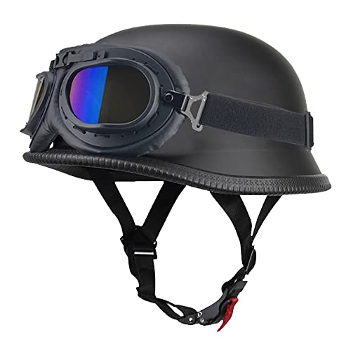 Deutsch Helm Halboffenen,Vintage Öffnen Motorradhelm Halb-Helm,ECE-Zertifizierung Chopper Helm mit Sonnenbrille für Mopeds Cruiser Vintage Jet Helm SchnellverschlussschnallenL(59-60cm) von CPXZYU