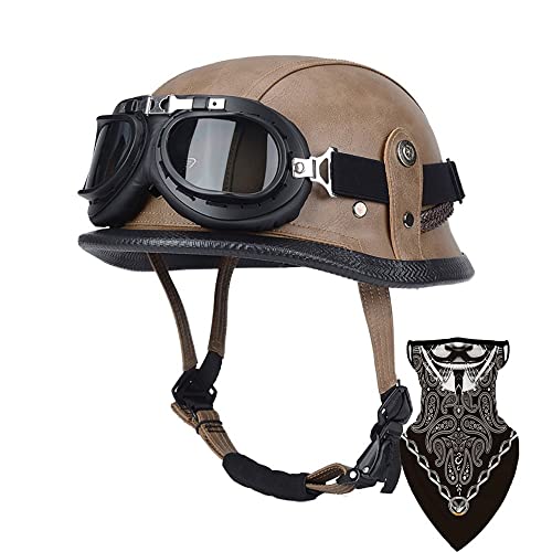 Deutsche Leder Motorrad Halbhelme Retro Halbschalenhelm JetHelm mit Visier Schnellverschluss Schnalle für Cruiser Chopper Biker Moped DOT/ECE-XXXL63-65CM von CPXZYU