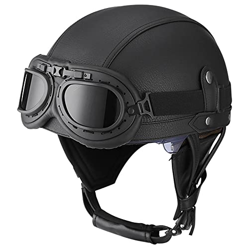 Retro Motorrad Halbhelme, Leder Halbhelm Deutscher Stil Roller Cruiser Chopper Anti-Collision Helm Abnehmbarer Gehörschutz mit Visier ECE Zertifiziert Roller-Helm Scooter Mofa-Helm, L=59-60cm von CPXZYU