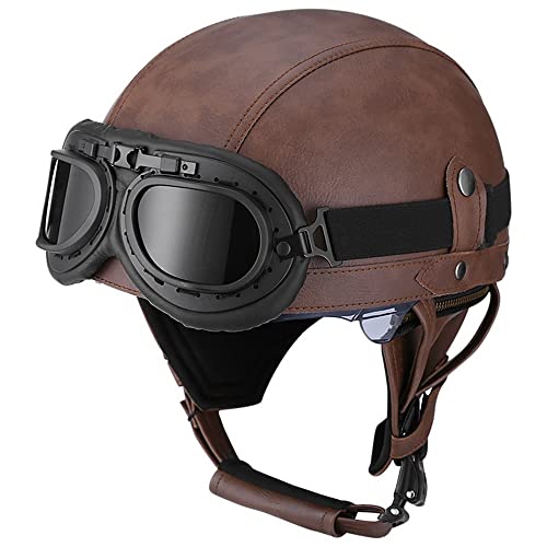 Retro Motorrad Halbhelme, Leder Halbhelm Deutscher Stil Roller Cruiser Chopper Anti-Collision Helm Abnehmbarer Gehörschutz mit Visier ECE Zertifiziert Roller-Helm Scooter Mofa-Helm, XL=61-62cm von CPXZYU