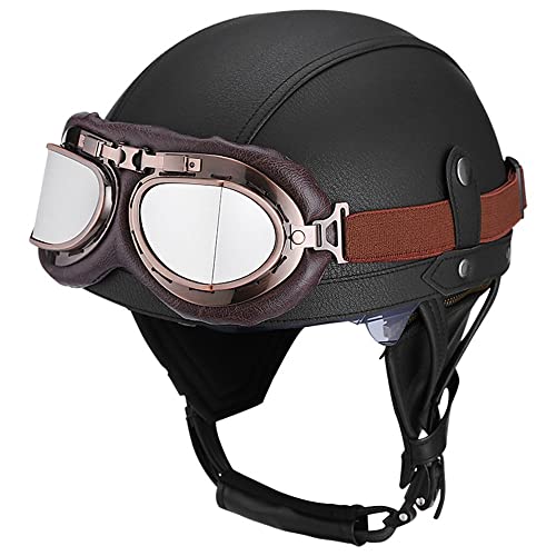 Retro Motorrad Halbhelme, Leder Halbhelm Deutscher Stil Roller Cruiser Chopper Anti-Collision Helm Abnehmbarer Gehörschutz mit Visier ECE Zertifiziert Roller-Helm Scooter Mofa-Helm von CPXZYU