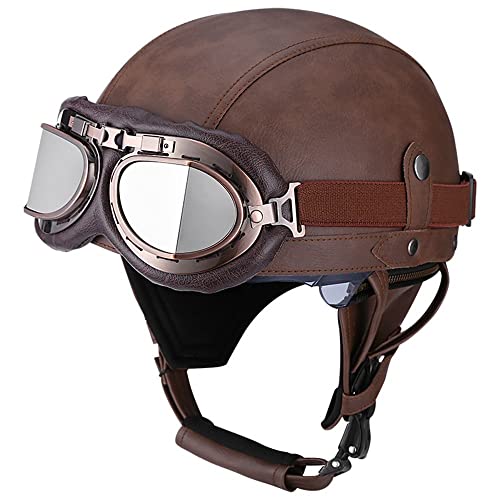 Retro Motorrad Halbhelme Leder Halbhelm Deutscher Stil Roller Cruiser Chopper Anti-Collision Helm Abnehmbarer Gehörschutz mit Visier ECE Zertifiziert Roller-Helm Scooter Mofa-Helm, XL=61-62cm von CPXZYU