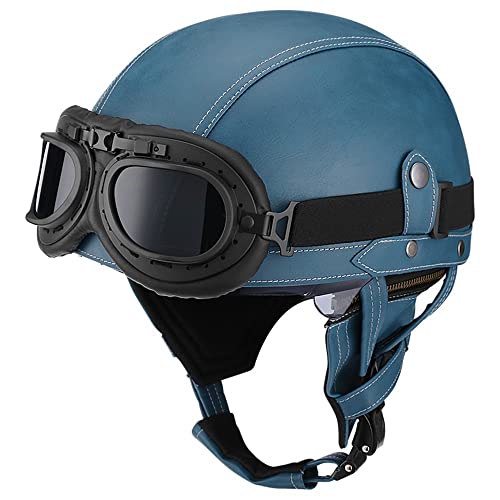 Retro Motorrad Halbhelme Leder Halbhelm Deutscher Stil Roller Cruiser Chopper Anti-Collision Helm Abnehmbarer Gehörschutz mit Visier ECE Zertifiziert Roller-Helm Scooter Mofa-Helm von CPXZYU