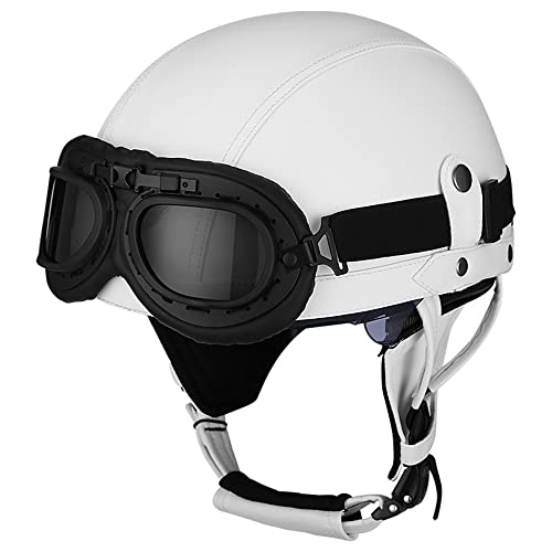 Retro Motorrad Halbhelme Leder Halbhelm Deutscher Stil Roller Cruiser Chopper Anti-Collision Helm Abnehmbarer Gehörschutz mit Visier ECE Zertifiziert Roller-Helm Scooter Mofa-Helm von CPXZYU