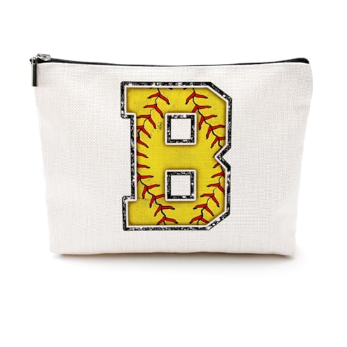 Softball-Geschenktasche mit Initiale, Monogramm-Buchstabe A-Z, Kosmetiktasche für Mädchen, Frauen, Softballspieler, Trainerliebhaber, gelb, 9.6 x 7.4 inches, B von CQM