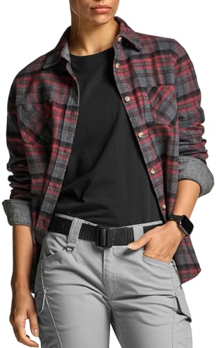 CQR Damen Flanell-Shirt kariert, langärmlig, weiches Casual-Button-Down Top aus Baumwolle, Wof002 1pack - Heritage Red, L von CQR