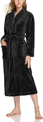 CQR Damen-Fleece-Roben, weiche, lange, flauschige Nachtwäsche, Bademantel mit Kapuze und Schalkragen, Wpr510 1pack - Fleece Collar Black, S von CQR