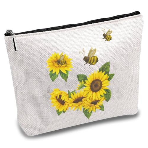 CREATCABIN Sonnenblumen-Make-Up-Taschen Segeltuch,Kosmetiktasche,Mehrzweck-Stiftetui Metallreißverschluss,Biene,Große Kulturtasche,Reisetasche,Geldbörse,Beutel Für Ihre Freunde,Schwester,25x18cm von CREATCABIN