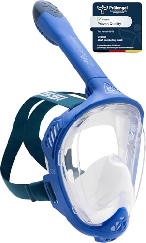 CRESSI Java Full Face Mask Blue/Blue Navy L/XL-Vollgesichts Schnorchelmaske, Ultraklare Antibeschlaglinse, 100 % Silikon, Schnorchel Trocken mit Sicherheitsventilen, Blau/Navy Blau, L/XL CRESSI Java Full Face Mask Blue/Blue Navy L/XL-Vollgesichts Schnorchelmaske, Ultraklare Antibeschlaglinse, 100 % Silikon, Schnorchel Trocken mit Sicherheitsventilen, Blau/Navy Blau, L/XL von CRESSI