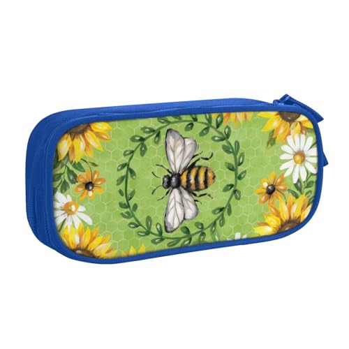 CRJSYCBYB Bee & Sunflowers bedrucktes Federmäppchen, Doppel-Federmäppchen, großes Fassungsvermögen, Reißverschluss, Schreibwarenetui, blau, Einheitsgröße, Münzfach von CRJSYCBYB