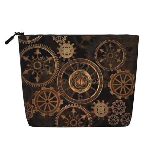 CRJSYCBYB Gears Clock Make-up-Tasche aus künstlichem Hanf, mit Bronze-Druck, Reise-Kulturbeutel, tragbare Kosmetiktasche, Schwarz , Einheitsgröße von CRJSYCBYB