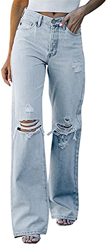 Damen Baggy Jeans mit weitem Bein, Distressed Flare Jeans für Damen, zerrissene Jeans mit mittlerer Taille, Trendige lässige Y2K Baggy Denim Jeans, Streetwear Cargohose (Color : Blue, Size : L) von CRMY