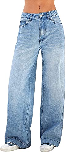 Damen Elegant Hose Schlaghose Straight Jeans Jeanshose Hohe Taille Bootcut Jeans mit weitem Bein Baggy Pants (Color : Blue, Size : L) von CRMY