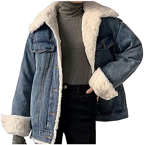 Damen Mädchen Winter Jeansjacke Gefütterte Denim Jacket Jeans Jacke mit Fell Mantel Warme Winterjacke mit Kapuze Fleece Mantel Jacke (Color : Blue, Size : M) von CRMY