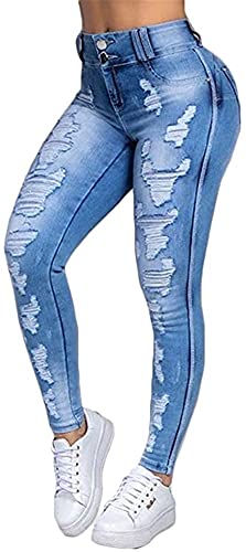 Damen Skinny Stretch Jeans mit Risse Destroyed Look High Waist Jeanshose Röhrenjeans Skinny Slim Fit Stretch Boyfriend Jeans (Color : Blue, Size : M) von CRMY