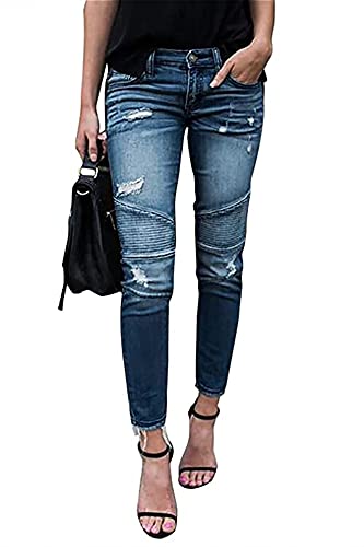 Damen Skinny Stretch Jeanshosen Destroyed mit Löchern Jeans High Waist Boyfriend Denim Hose Slim Fit Stretch Hosen Casual Basic Rissen Löcher Ankle Jeanshosen mit Taschen (Color : Blue, Size : S) von CRMY