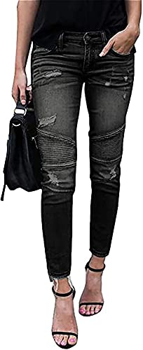 Damen Skinny Stretch Jeanshosen Destroyed mit Löchern Jeans High Waist Boyfriend Denim Hose Slim Fit Stretch Hosen Casual Basic Rissen Löcher Ankle Jeanshosen mit Taschen (Color : Gray, Size : S) von CRMY