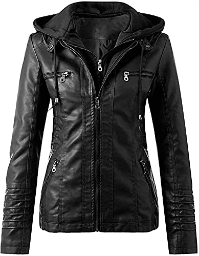 Lederjacke Damen Herbst Winter Motorrad Jacke Bomberjacke Bikerjacke mit Reißverschluss Kapuzen Übergangsjacke Frauen Oberbekleidung (Color : Black, Size : 4XL) von CRMY