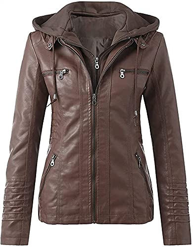 Lederjacke Damen Herbst Winter Motorrad Jacke Bomberjacke Bikerjacke mit Reißverschluss Kapuzen Übergangsjacke Frauen Oberbekleidung (Color : Brown, Size : XL) von CRMY